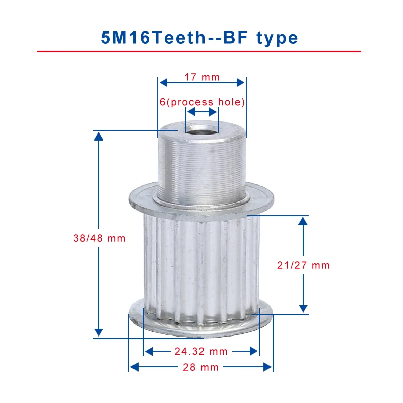 

Timing Pulley 5M16Teeth BF type teeth pitch 5 mm process hole diameter 6 mm slot width 21/27mm for 20/25 mm timing belt