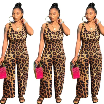 

Leopard Camouflage Print Rompers Womens Jumpsuit Summer O Neck Sleeveless Wide Leg Bodysuit Casual Female One Piece Long Overall