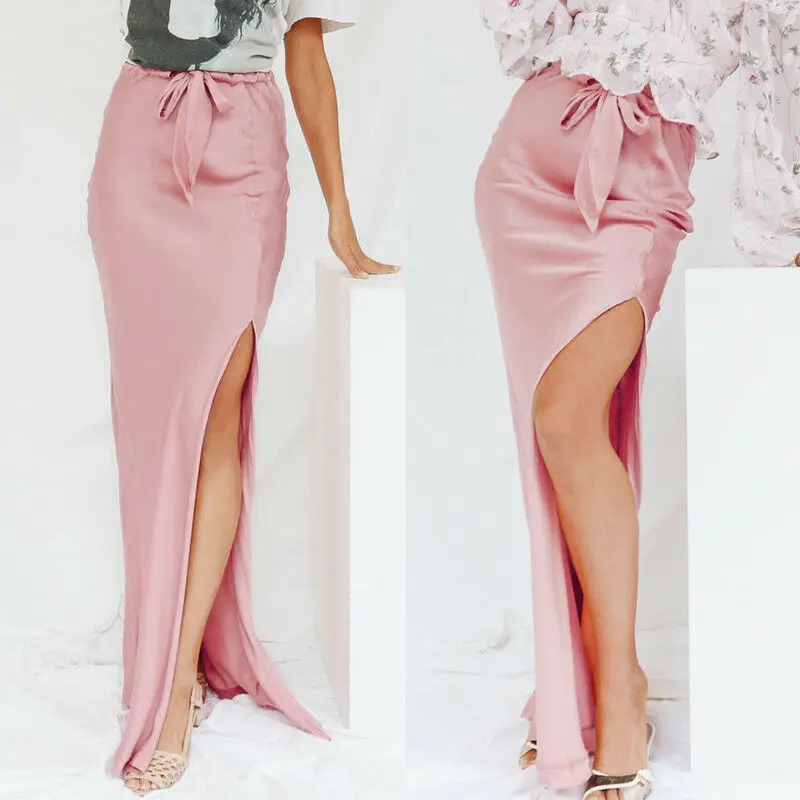 

2019 Women Fashion High Split Satin Long Maxi Skirts With Belt Summer Solid Smooth Silk Pink Girls Skirts Party Straight Skirt