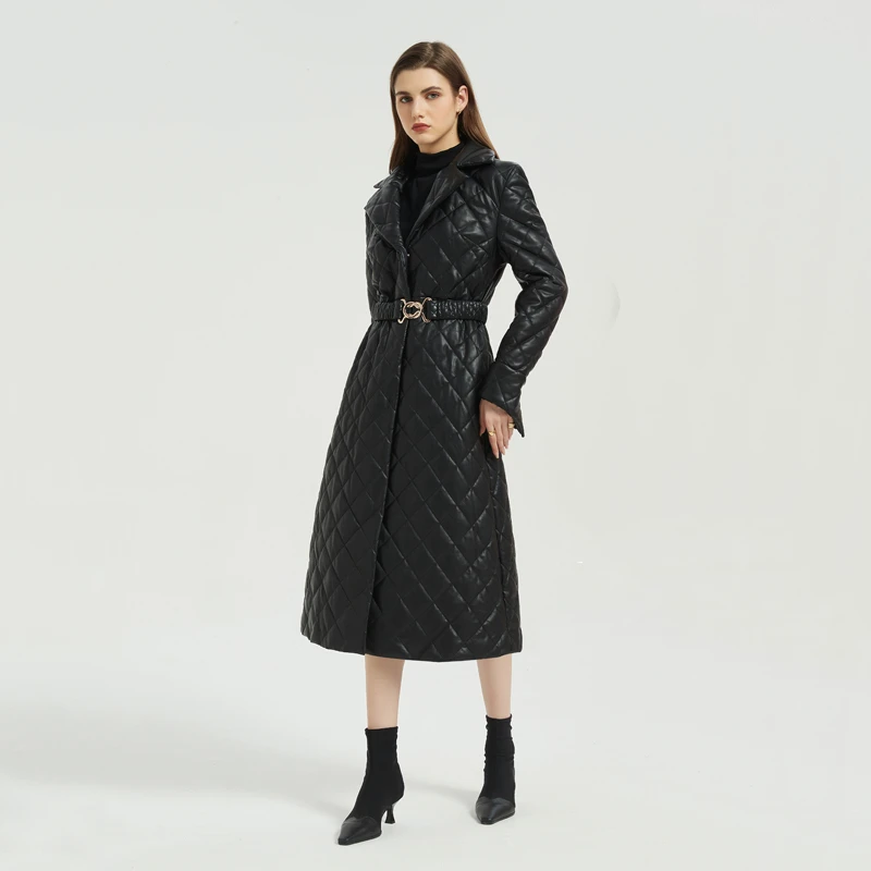 

Winter New Long Faux Leather Padded Jacket for Women Belted Lapel Diamond Pattern Cotton Coat Office Ladies Warm Outerwear