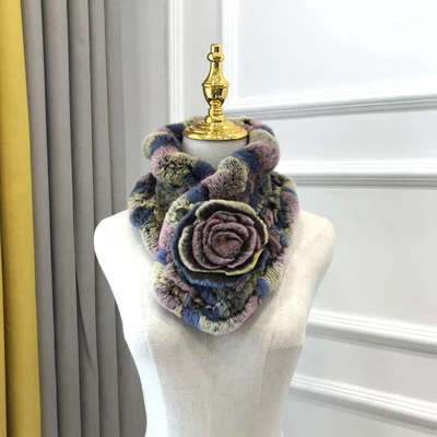 multicolor A Элегантный женский модный зимний шарф из меха кролика Рекс, теплый мягкий натуральный кроличий мех, цветочный шарф, кашне - Цвет: multicolor A