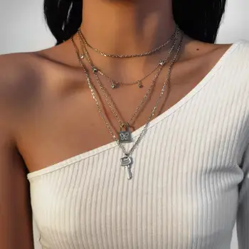 

Personality Simplicity Fashion Multilayer Lock Key Women's Necklace Women Girl Party Festival Birthday Gift