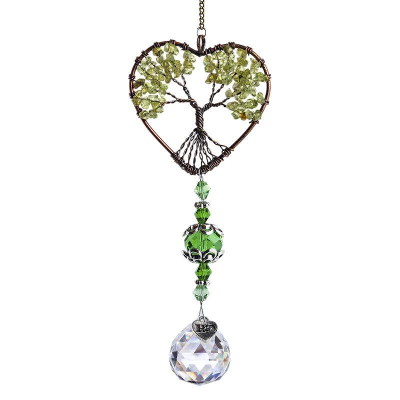 H&D Heart Shaped Crystal Tree of Life Suncatcher Healing Natural Stones Rainbow Maker Window Hanging Ornament Home Garden Decor