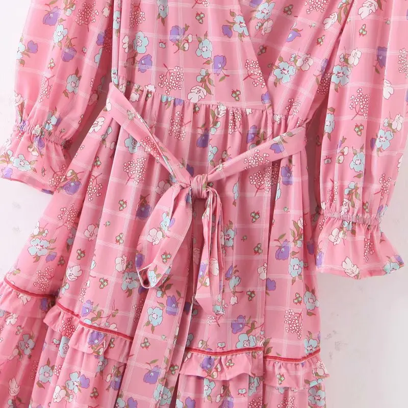 Милое шикарное розовое Плиссированное Макси-платье с цветочным рисунком и оборками, бантом и поясом, модные женские длинные платья с v-образным вырезом, милая повседневная одежда для девочек