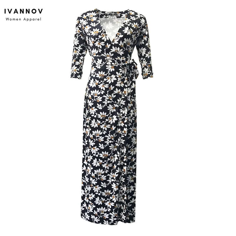 

Korea Women Maxi Wrap Dresses Lace-up Slim Waist Elegant Ladies Half Sleeve Bohemian Beach Floral Vintage Ladies Dress Clothes