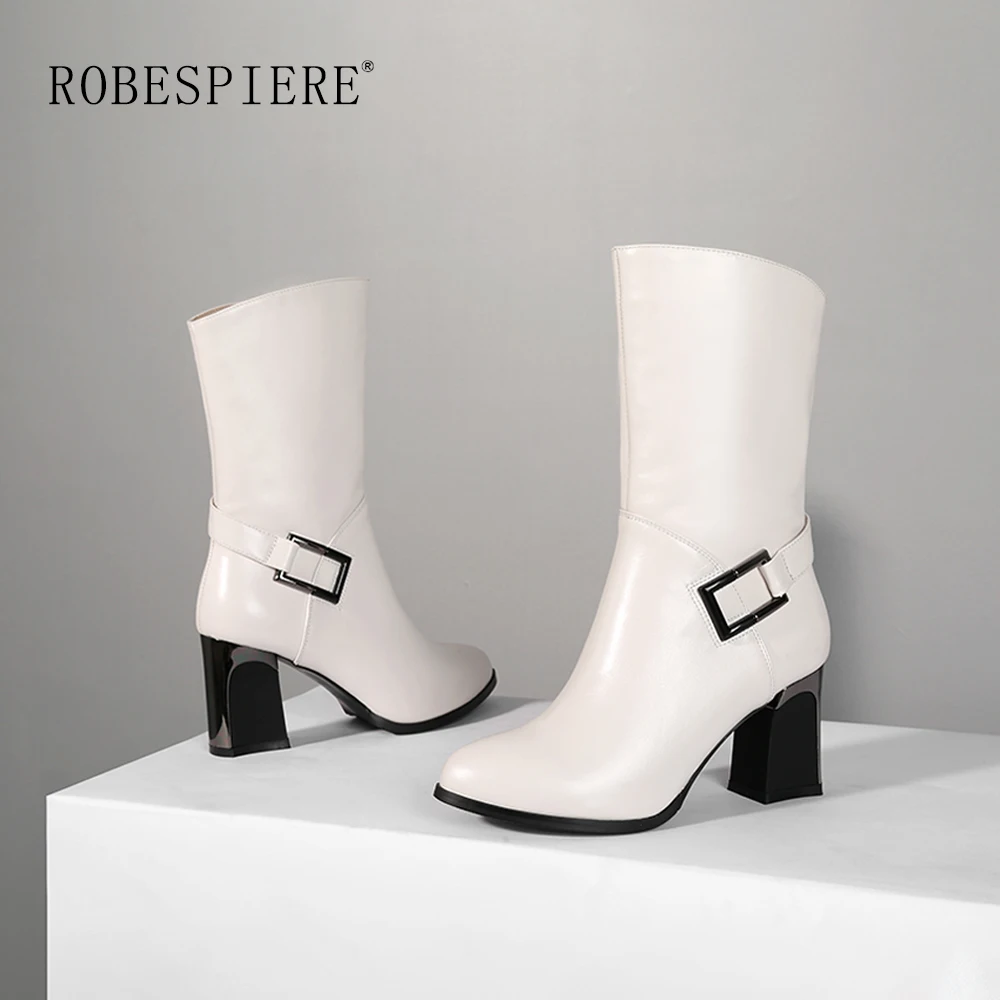 ROBESPIERE New Pointed Toe Mid Calf Boots Women Fashion Buckle Square Heel Shoes Winter Warm plush Zipper Lady Boots B69
