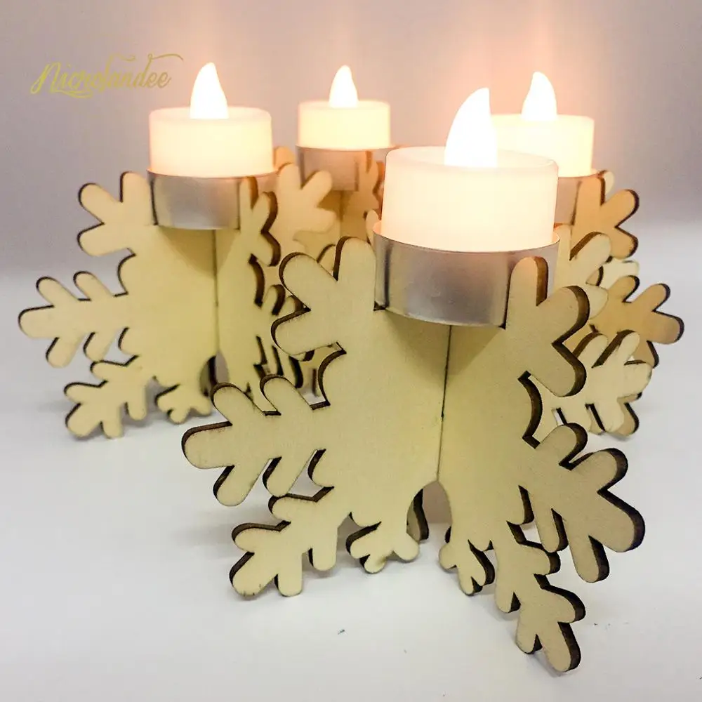 NICROLANDEE 4 pcs/set DIY Wood Laser Cut Snowflake Tea Light Candle Holder Vintage Christmas Stand Home Decoration 85 | Дом и сад