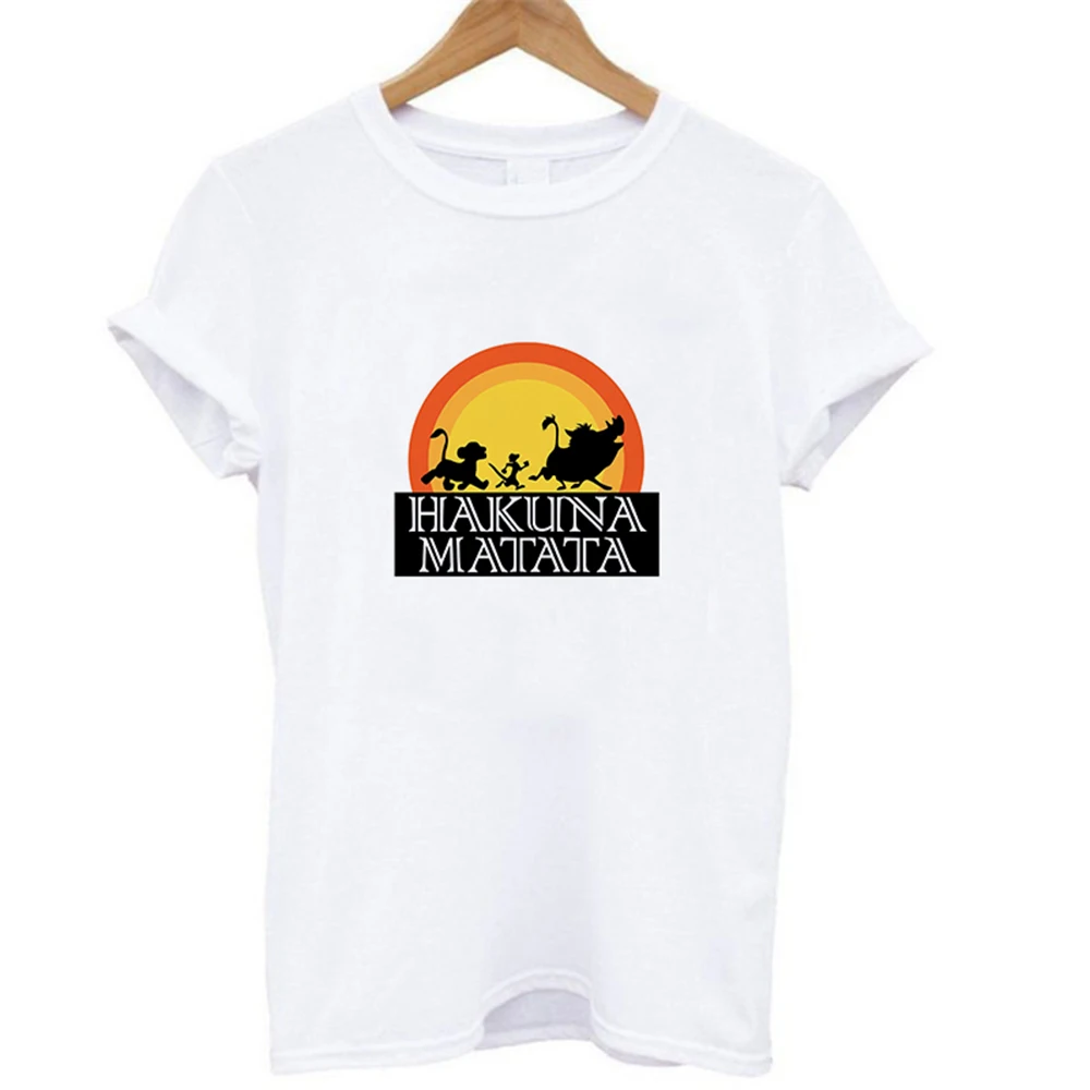 Эффектная женская футболка HAKUNA MATATA, летняя женская футболка, короткий рукав, принт с героями мультфильмов, белая, черная, милые футболки Harajuku - Цвет: 19bk013
