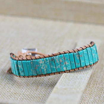 

Natural Stone Dark Green Turquoises Bracelet Tube Beads Leather Wrap Bracelet Couples Bracelets Chakra Bracelet Jewelry Handmade