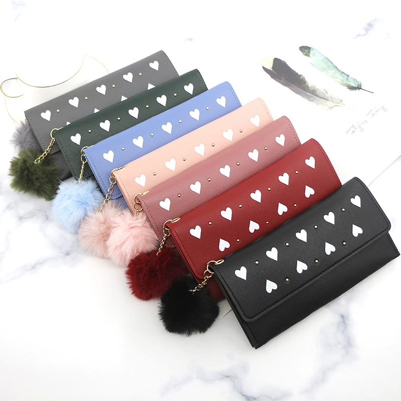 Women's purses Long Wallets Pure Color Wool Ball Bow Clutch Bag Card Coin Purse Standard Wallets PU Solid Polyester Wallet