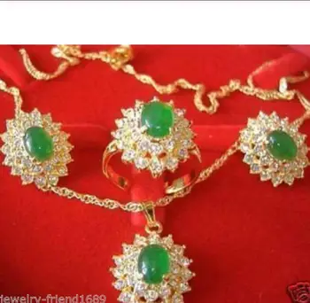 

Free Shipping Fine real new Fashion Cubic Zirconia Trendy Jewelry 100%- green jade pendant earring ring set +chain