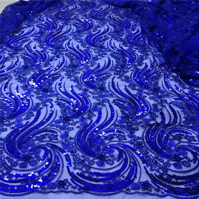 Королевский синий Модный Французский Стиль Блестки нигерийские Свадебные Вышитые Тюль бисером ткань 3d Африканские кружева