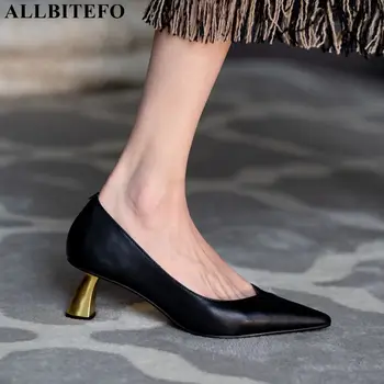 

ALLBITEFO gold heel genuine leather brand high heels party women shoes women high heel shoes office ladies shoes women heels