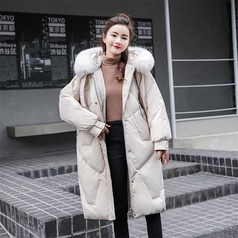 Теплый плотный женский зимний пуховик с капюшоном и меховым воротником, Женская Повседневная Длинная парка, верхняя одежда, корейское офисное Женское пальто K154 - Цвет: Бежевый