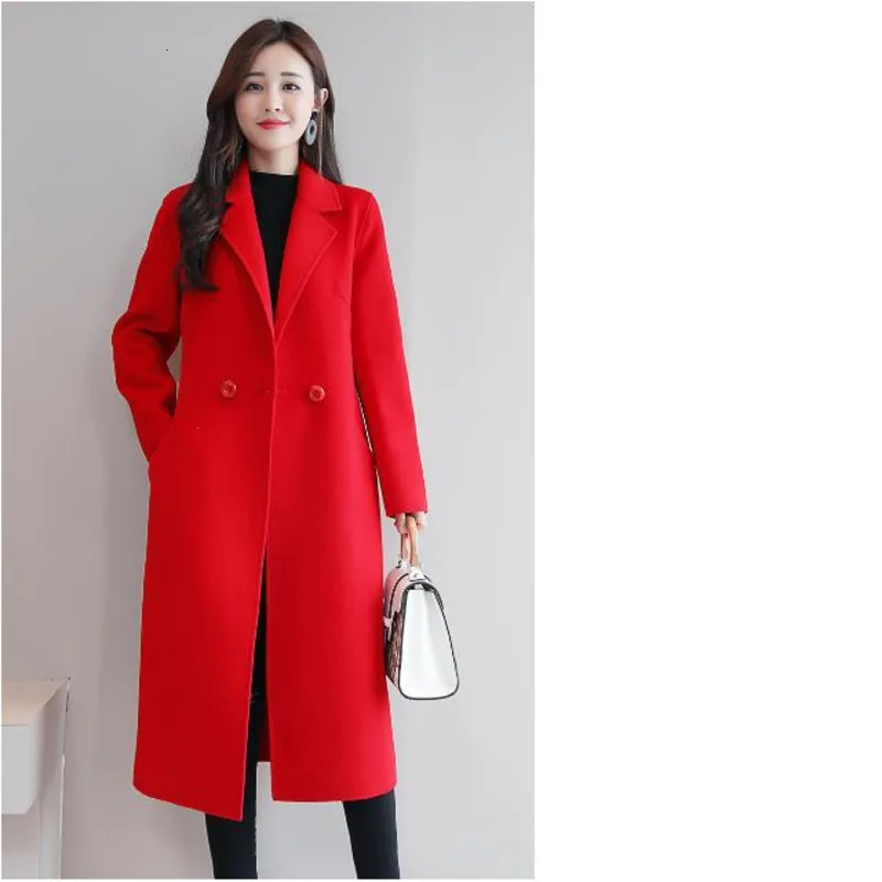 Winter Long Coat Women Wool Korean Overcoat Woolen Loose Winterjas Dames Red White Camel Turn Down Collar Female Coats