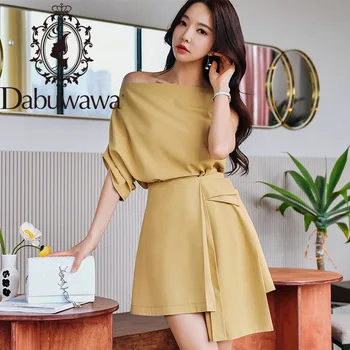 

Dabuwawa Sexy Off Shoulder Ruffle Hem Solid Asymmetric Dress Women High Waist Vintage Party Draped Dresses Female DT1BSA003