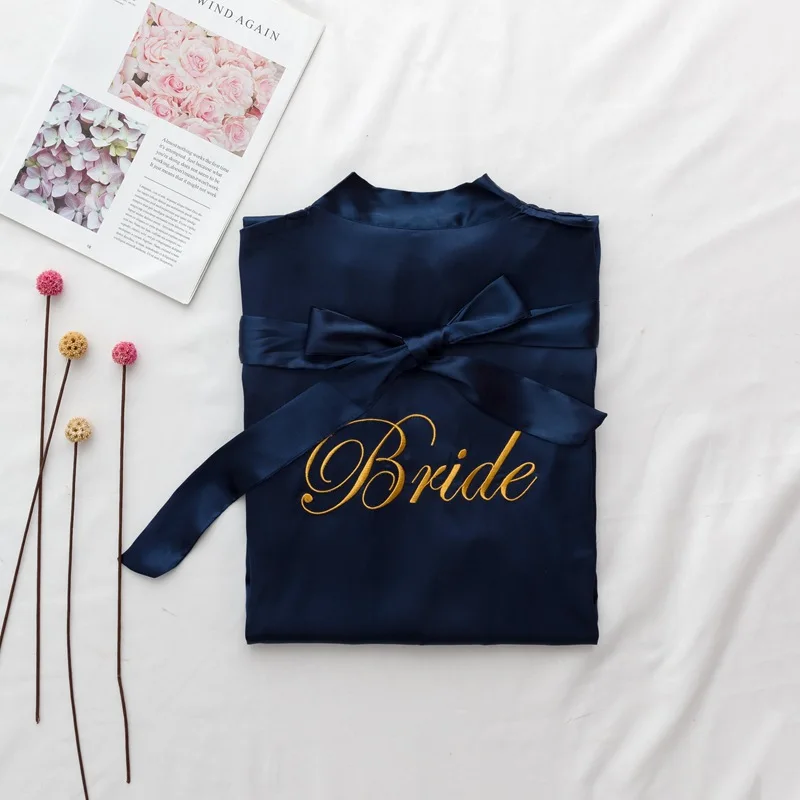 navy blue bride Одежда для невесты однотонный халат Элегантная пижама для невесты сексуальный женский домашний халат Банный халат кимоно шелковый халат для сна - Цвет: navy blue bride