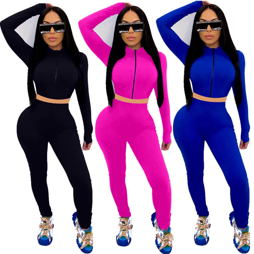 

2020 Autumn New Suit European and American Women's Clothes Solid Color Sports Tight Two-Piece Suit