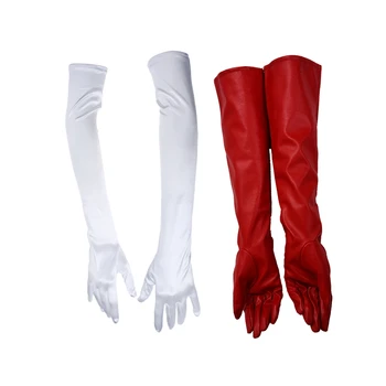 

1 Pair 21 Inch Women Arm Long Satin Elbow Gloves White & 1 Pair Stylish Red Solid Color PU Leather Long Gloves for Women