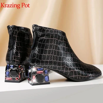 

Krazing pot new arrival genuine leather gingham prints zipper keep warm round toe diamond high heels plus size ankle boots L3f2