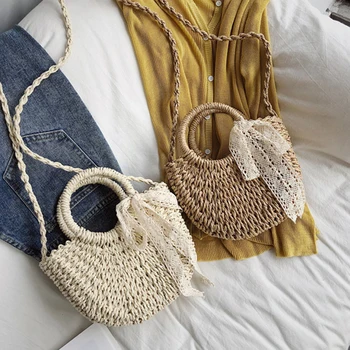 

Lace Ribbon Bow Straw Bag Women Woven Handbags Handmade Straw Crossbody Bags For Women Wicker Knitting Shoulder Beach Bags 2020