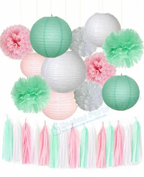 

1 Set Decoration Kit White Pink Mint Tissue Paper Pom Poms Flowers Lanterns Circle Garland Latex Balloons Birthday Wedding Decor