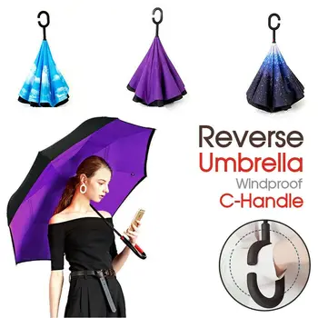 

Double Layers Reverse Umbrella Rain Women Long Handle Women Men Self Stand Umbrella Inverted Windproof Women's Umbrellas