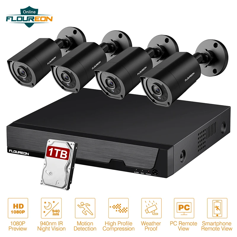 

Floureon CCTV Kit 5-in-1 DVR Recorder 1TB HDD 4pcs 1080P Camera Weatherproof Motion Alert Outdoor Surveillance System Camera Kit