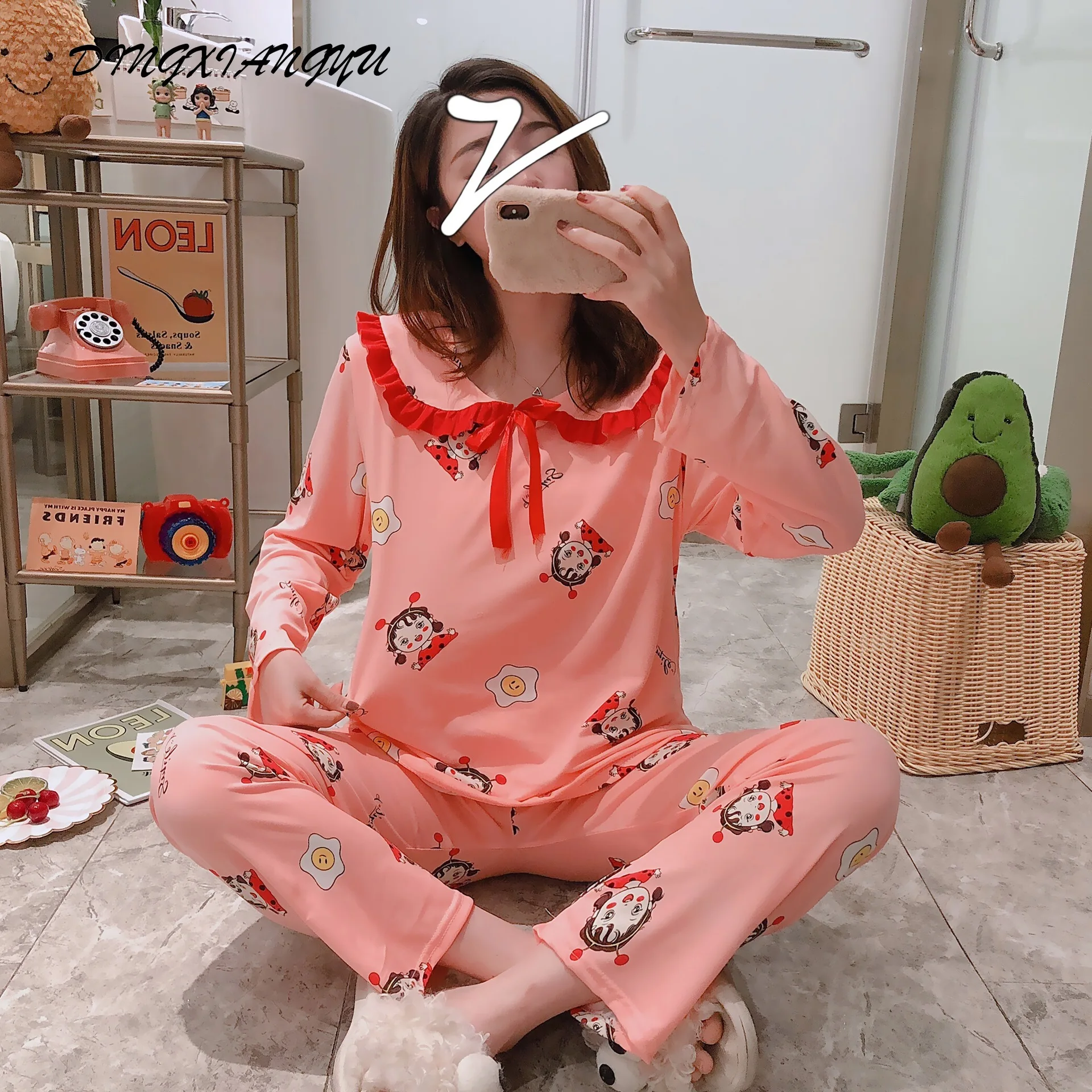 

Spring and autumn pajamas women thin sweet long-sleeved trousers printed cartoon doll collar home service ladies pajamas set