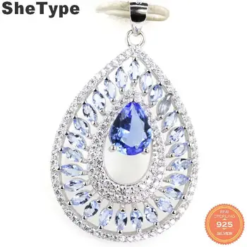 

39x25mm Beautiful 4.3g Drop Shape Created Violet Tanzanite Pink Kunzite CZ Gift For Mother 925 Solid Sterling Silver Pendant