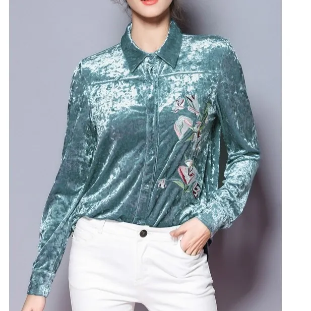 Autumn Women Floral Printed Velour Shirt Office Lady Turn-Down Collar Long Sleeve Blouse Office Embroidery Shirts