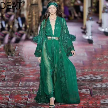 

DEAT 2020 New Spring V-neck Feather Decoration Falare Sleeve Mid-length Dress Women Vintage Loose A-line Temperament Dress PD437