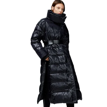 

Winter 120cm Super Long Warm Natural Duck Down Coats Female High Collar Down Parkas Fluffy Warm Down Coat With Belt F2288