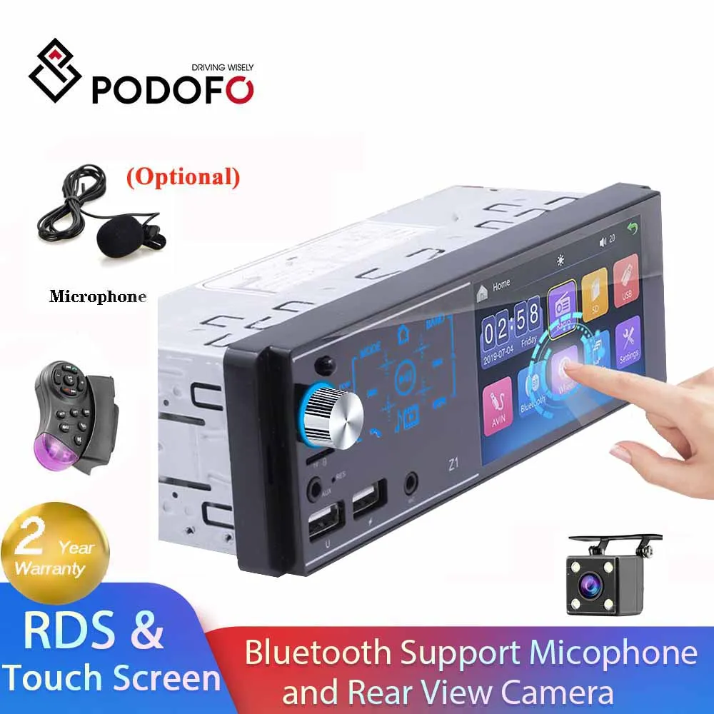 Podofo 1 Din автомобильное радио Bluetooth 4 дюймов MP5 мультимедийный плеер AUX двойной USB FM