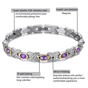 

Purple Gem Bracelet Magnetic Health Bio Energy Charm Bracelets Stainless Steel Bangles Fashion Jewelry for Women Lady