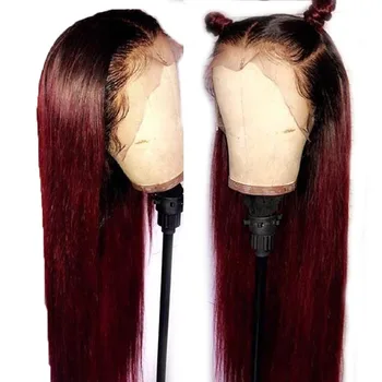 

1b/99j Straight Colored Human Hair Wigs 13*6 Lace Front Human Hair Wigs Brazilian Remy Ombre Burgundy 150% Preplucked Lace Front