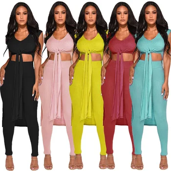 

2020 New Women Knitted Tie Up Sleeveless Long Back Irregular Sweaters Top Skinny Pants Suit 2pcs Set Vintage Tracksuit Outfit