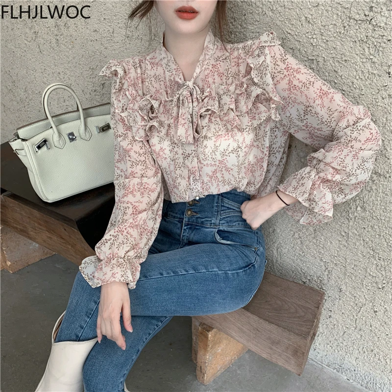 2021 Spring Prairie Chic Tops Blusas Girl Next Door Fashion Style Women Floral Print Chiffon Single Breasted Button Shirts | Женская