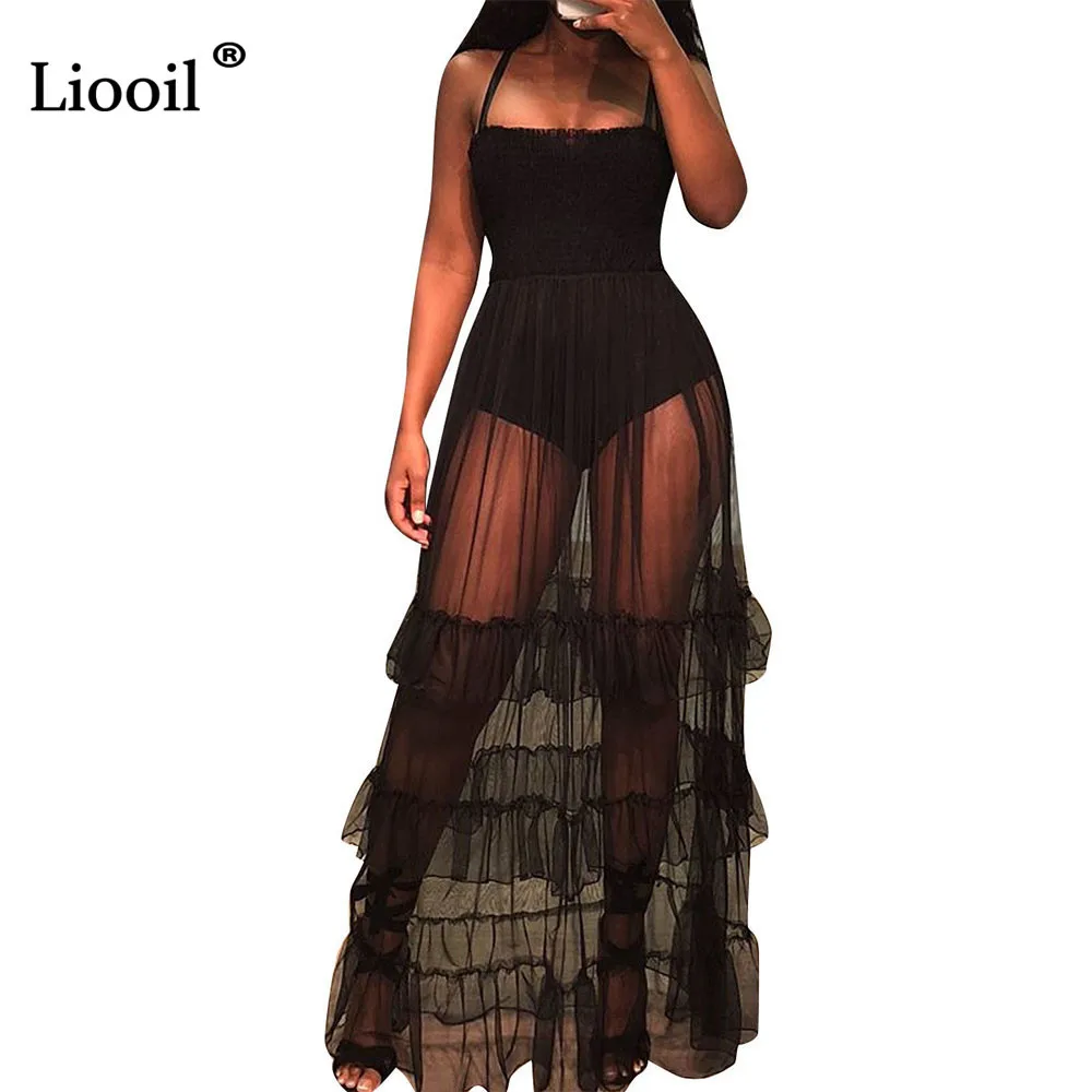 

Liooil Mesh Sheer Sexy Ruffle Long Maxi Dress 2019 Sleeveless Strapless See Through Black White Night Club Party Bodycon Dresses