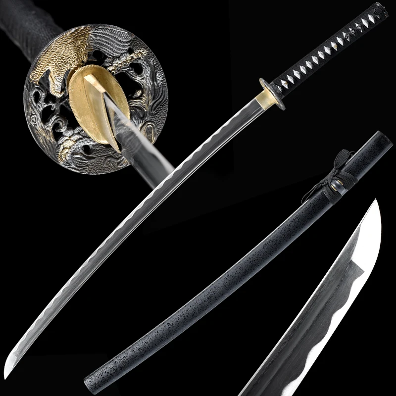 

Full tang Katana japanese samurai swords Folded steel blade handmade sharp edge black color light wooden sheath