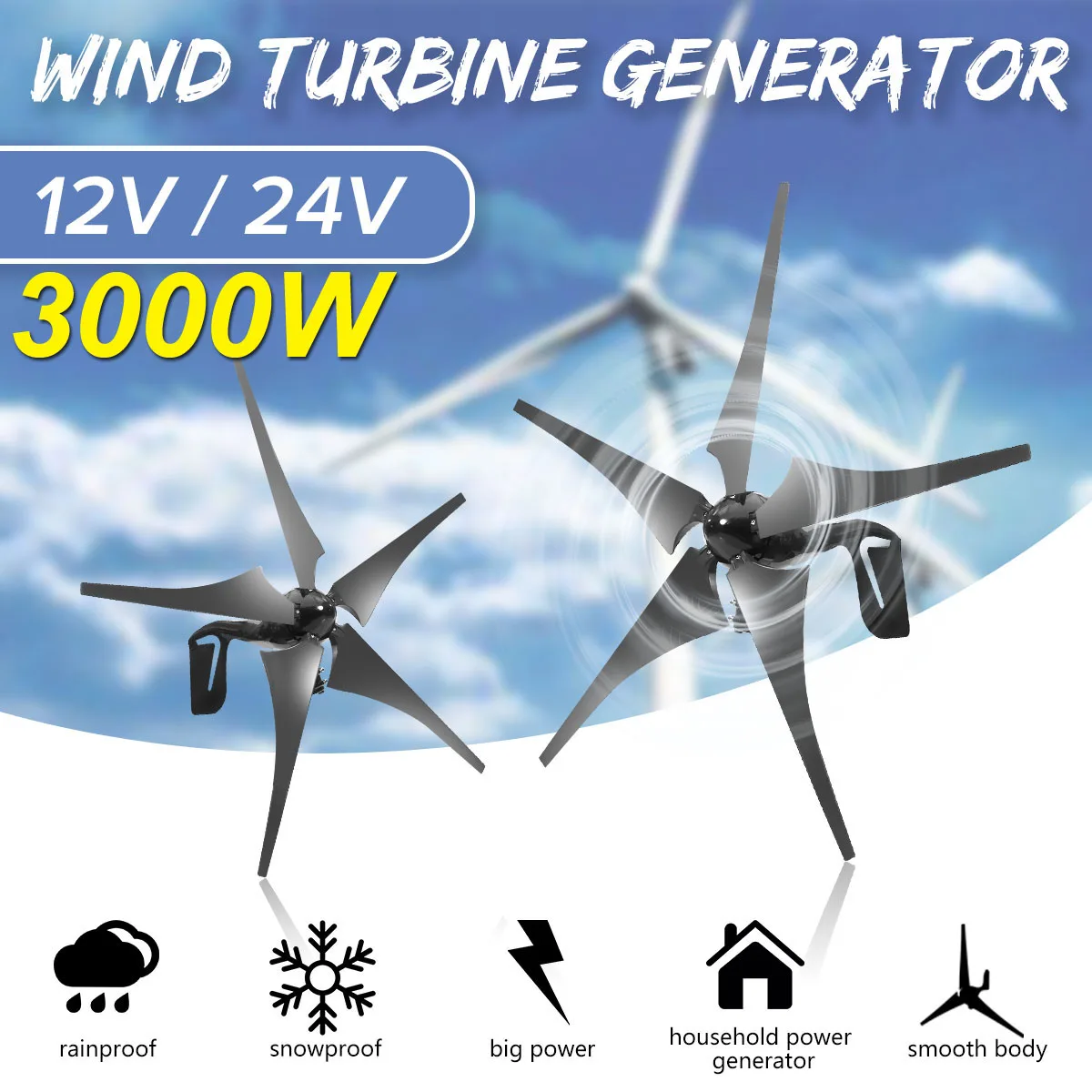 

3000W 12V 24V 5 Nylon Fiber Blade Horizontal Home Wind Turbines Generator Power Windmill Energy Turbines Charge For home Outdoor