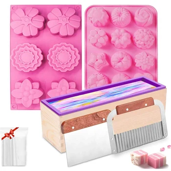 

Silicone Soap Molds Kit Soap Mold with Wood Box, Wavy and Straight Scraper, Flowers Silicone Mold for Soap Making