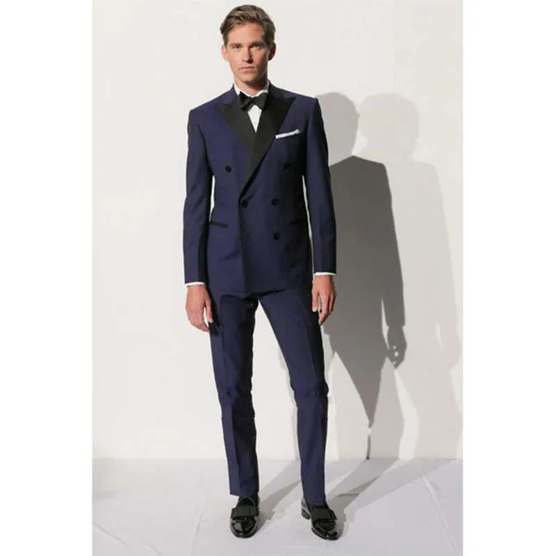 

Tailored Peaked Lapel Double Breasted Mens Suits Navy Blue Fashion Tuxedos Business Men Suit Slim Fit (Jacket+Pant+Bow)