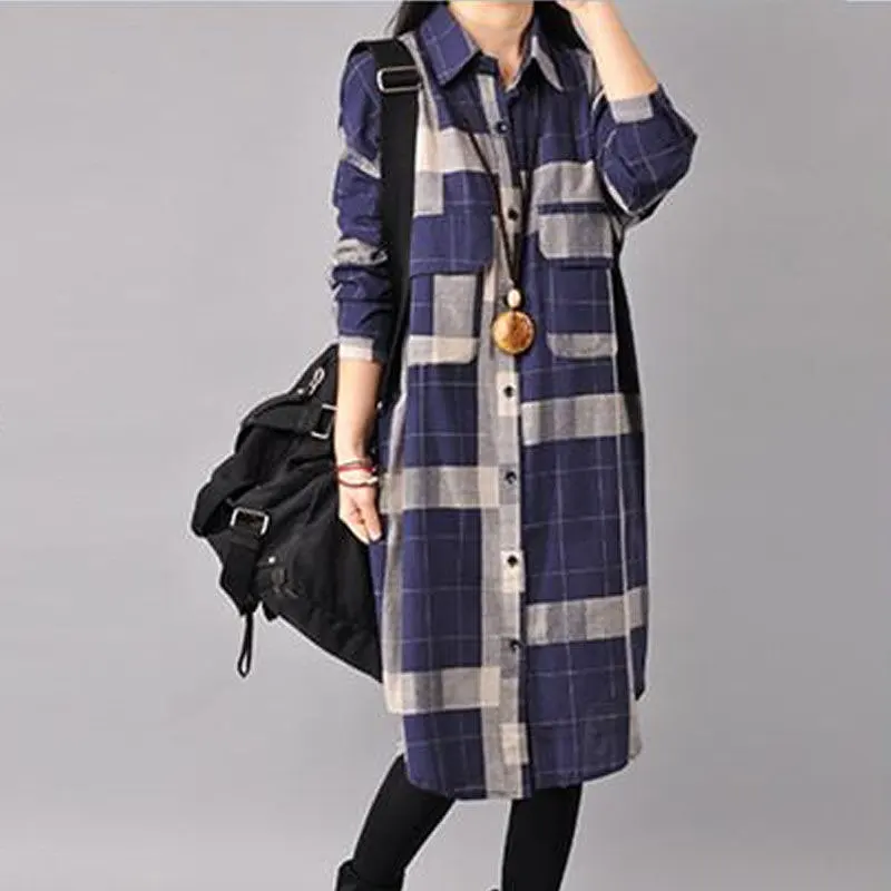 

New Arrival Spring Women Long Sleeve Loose Casual Shirt Plus Size Tunic Tops cotton linen Plaid Blouses Female Shirts D145