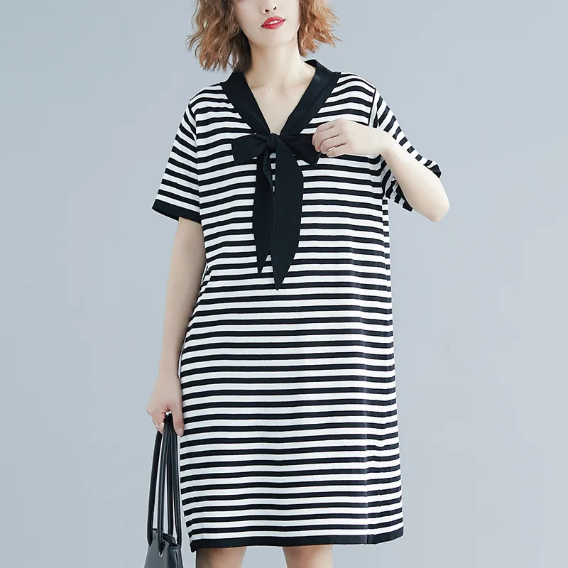 

2019 Literature And Art Large Size Dress Loose-Fit Slimming Bow Mid-length Viscose Stripes Short-sleeve Dress Women's