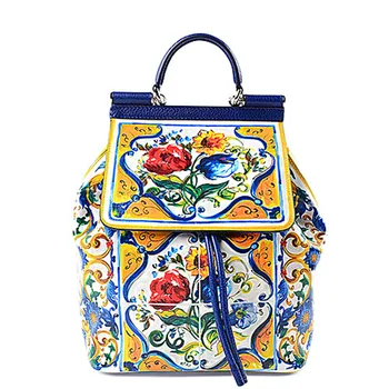

2020 Women Famous Designer Flowers Printed Shoulder Backpack Famous Real Designer Ethnic Style Bag Genuine Cow Leather Sicilian