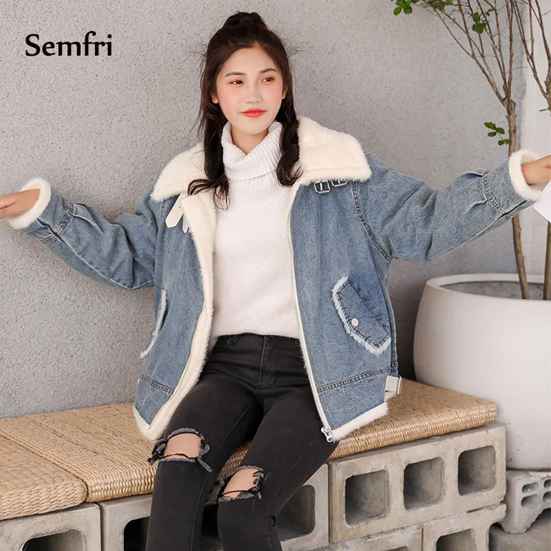 

Semfri Winter Fur Denim Jacket Women Bomber Jacket Long Sleeve Washed Blue Jeans Jacket Coat with Warm Lining Button Pockets