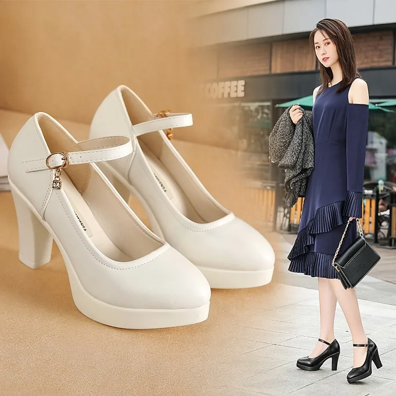 Zapatos de tacón alto informales para Mujer, calzado sexy de plataforma de tacón grueso, Zapatos blanco negro, de PU, para primavera y otoño, 2019