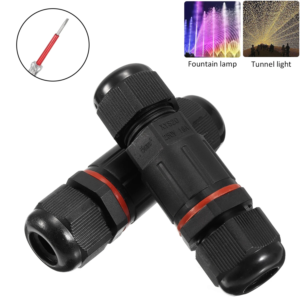 

2pcs Waterproof IP68 3Pin Cable Connector 450V 24A Power Cable Junction Box+Voltage Test Pen for Outdoor Electrical Installation