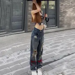 Vintage rasgado jeans jeans calças hippie hip hop fazer velho em linha reta perna jeans feminino cintura baixa grunge calças buraco streetwear y2k jeans